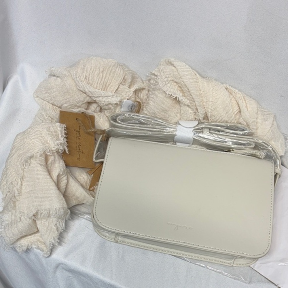 Ampere Creations cream vegan leather adjustable strap purse and scarff set